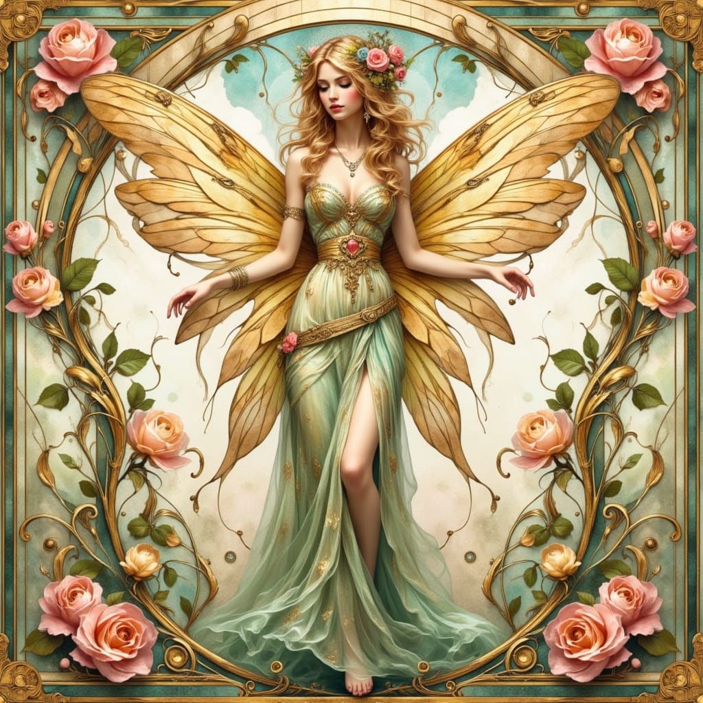 Art Nouveau Flower Fairy Portrait with Stained-Glass Wings