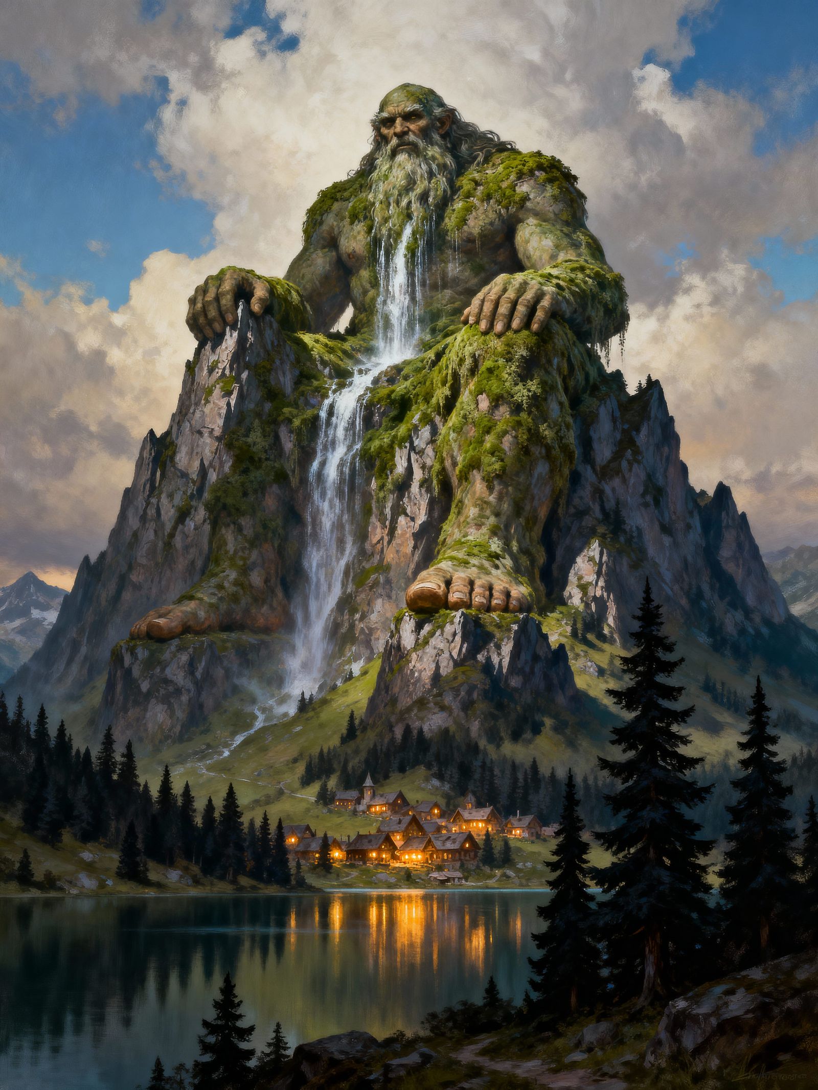 Colossal Giant on Mountain Peak Overlooking Village