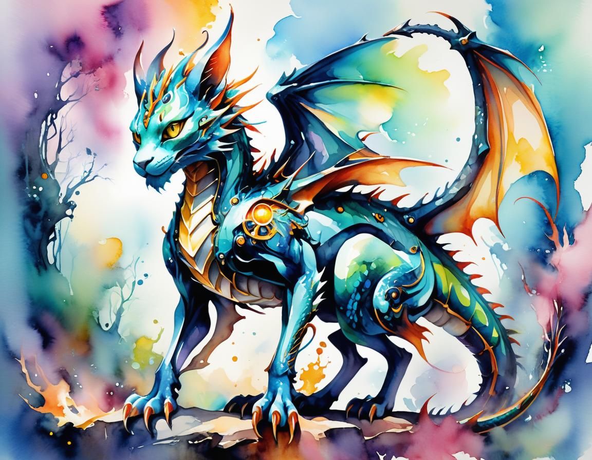 Glasspunk Dragon-Cat in Dreamlike Aquarelle Painting