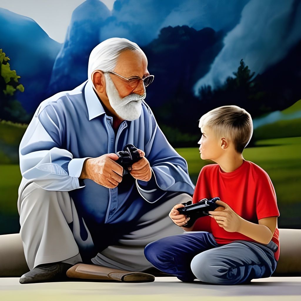 Grandson and Grandfather Gaming: Colorful Ink Painting