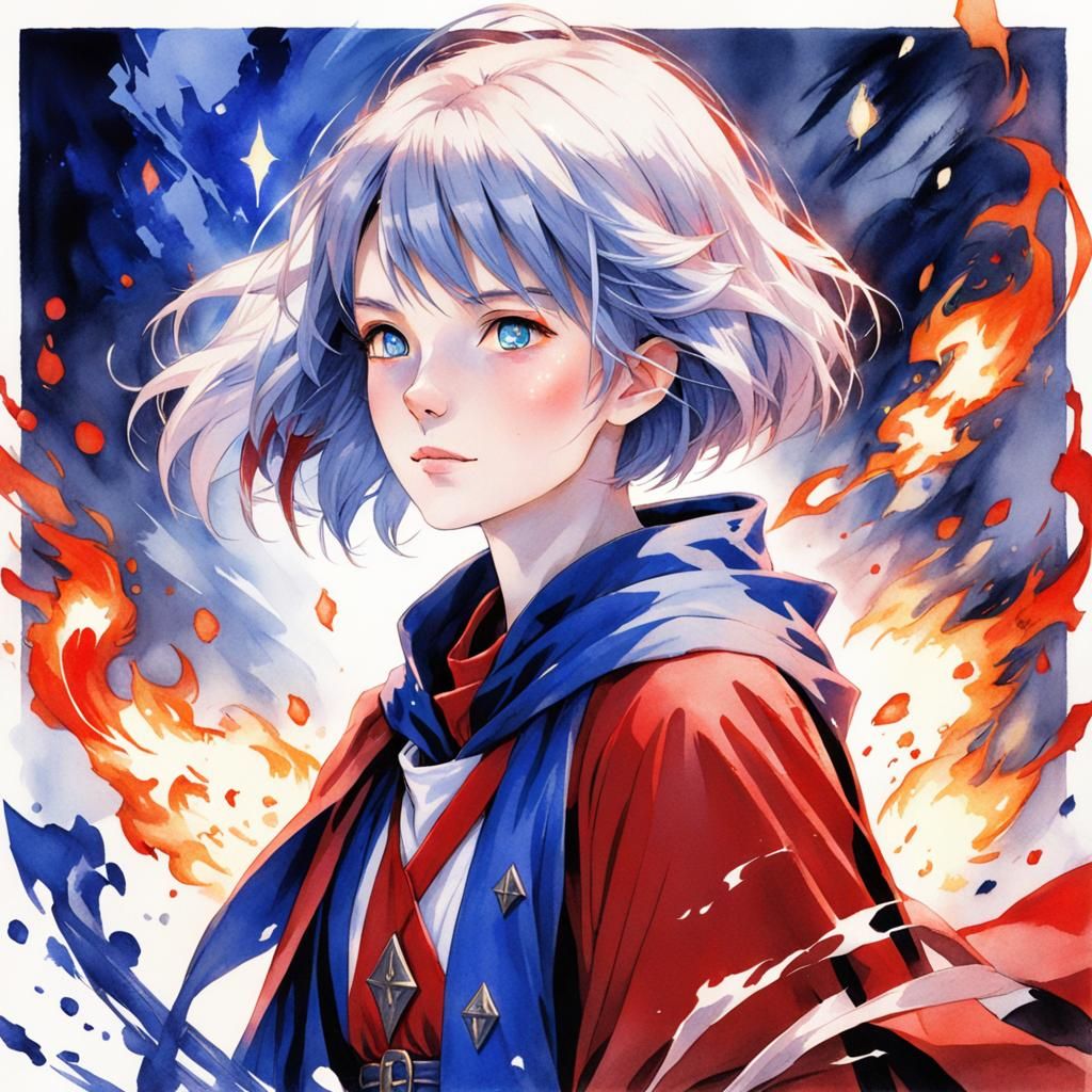 Spunky Wizard Girl in Vivid Watercolor Anime Style