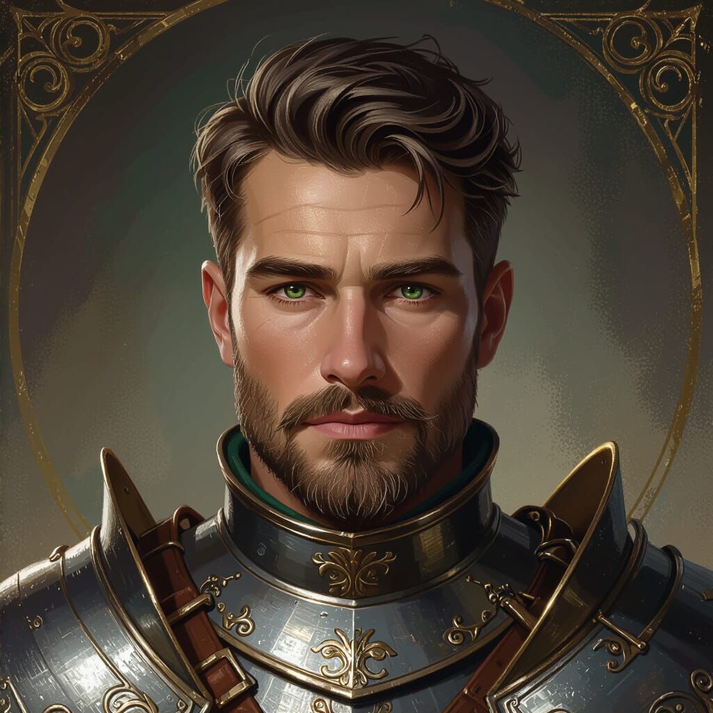 Hyperrealistic Portrait of Blond Knight with Green Eyes