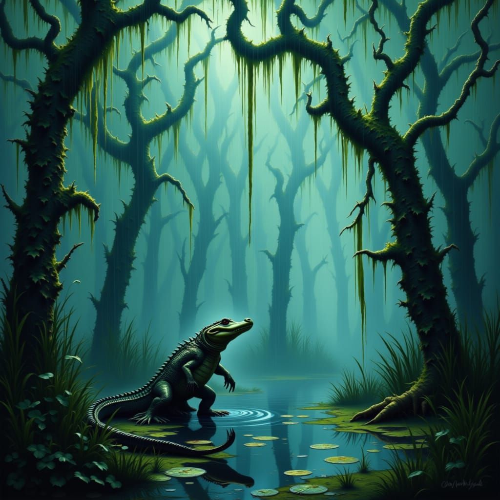 Bioluminescent Crocodile in Twilight Swamp Dark Fantasy Art