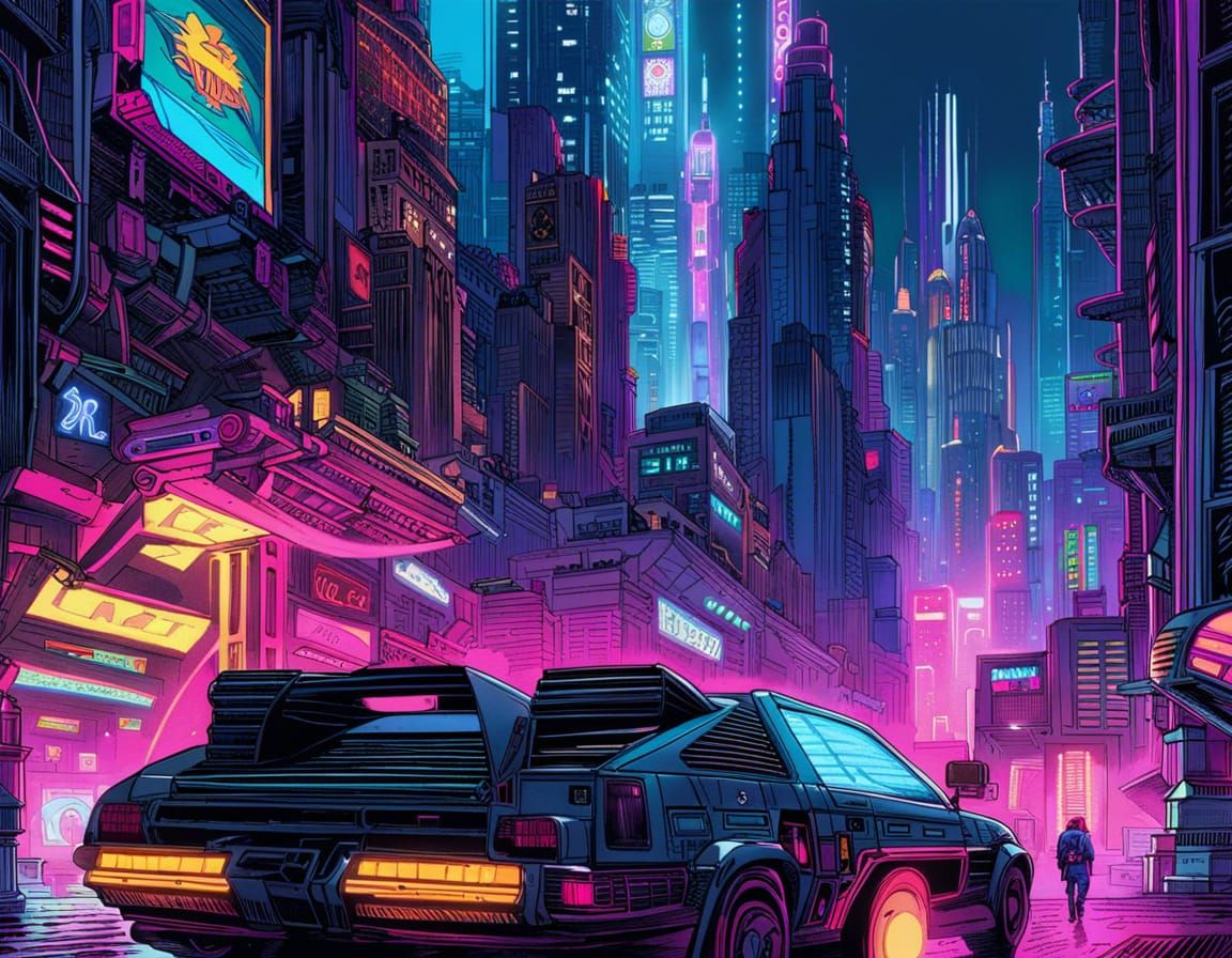 Cyberpunk City in 1980s Comic Style