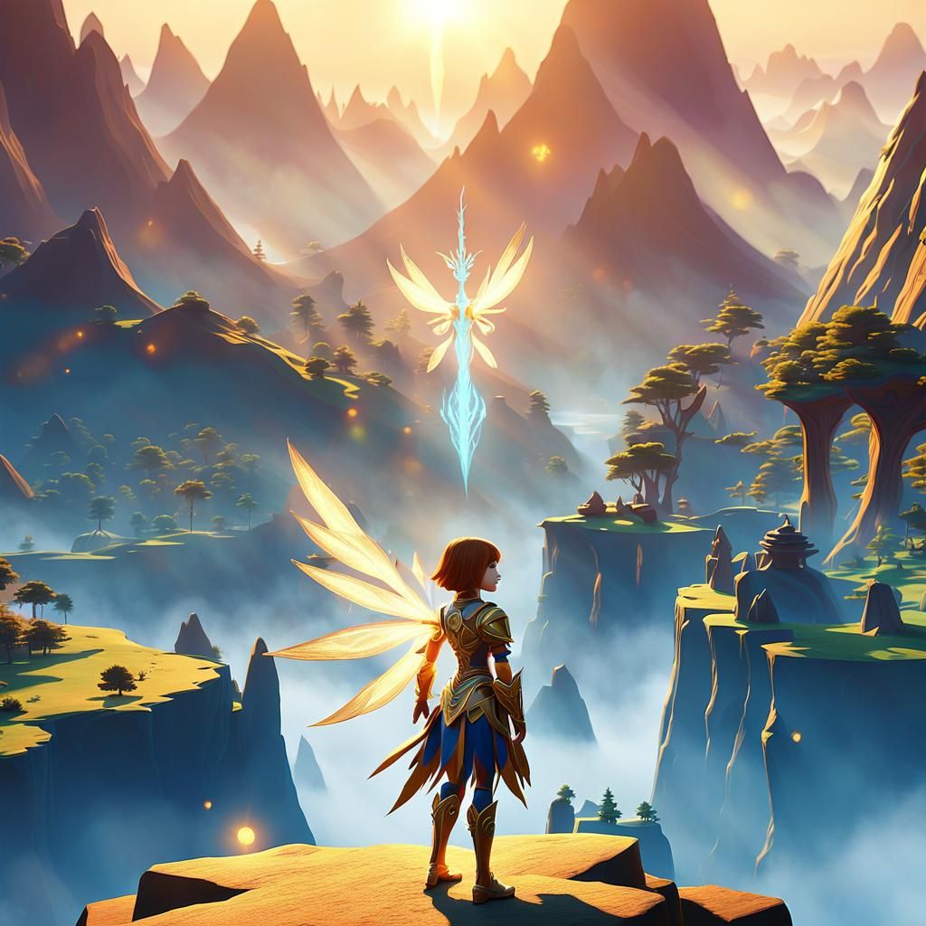 Anime Warrior Overlooking Fantasy Landscape