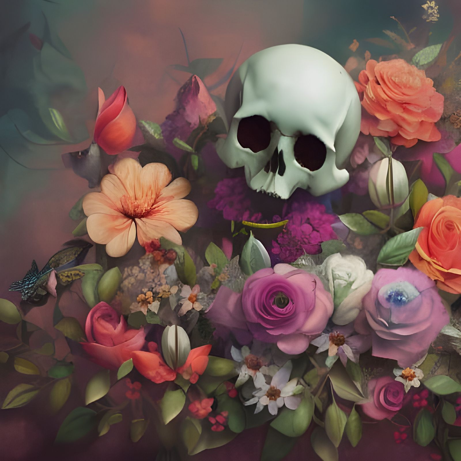 Floral Skull in Renaissance Watercolor Style