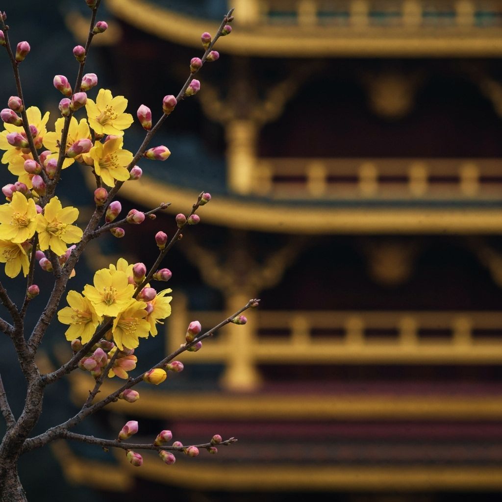 Detailed Tree with Yellow Flowers and Pink Buds