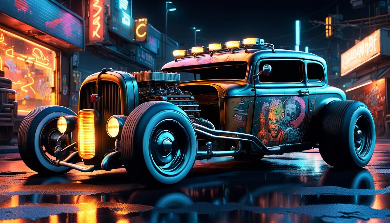 Detailed Cyberpunk Rat-Rod Street Car at Night