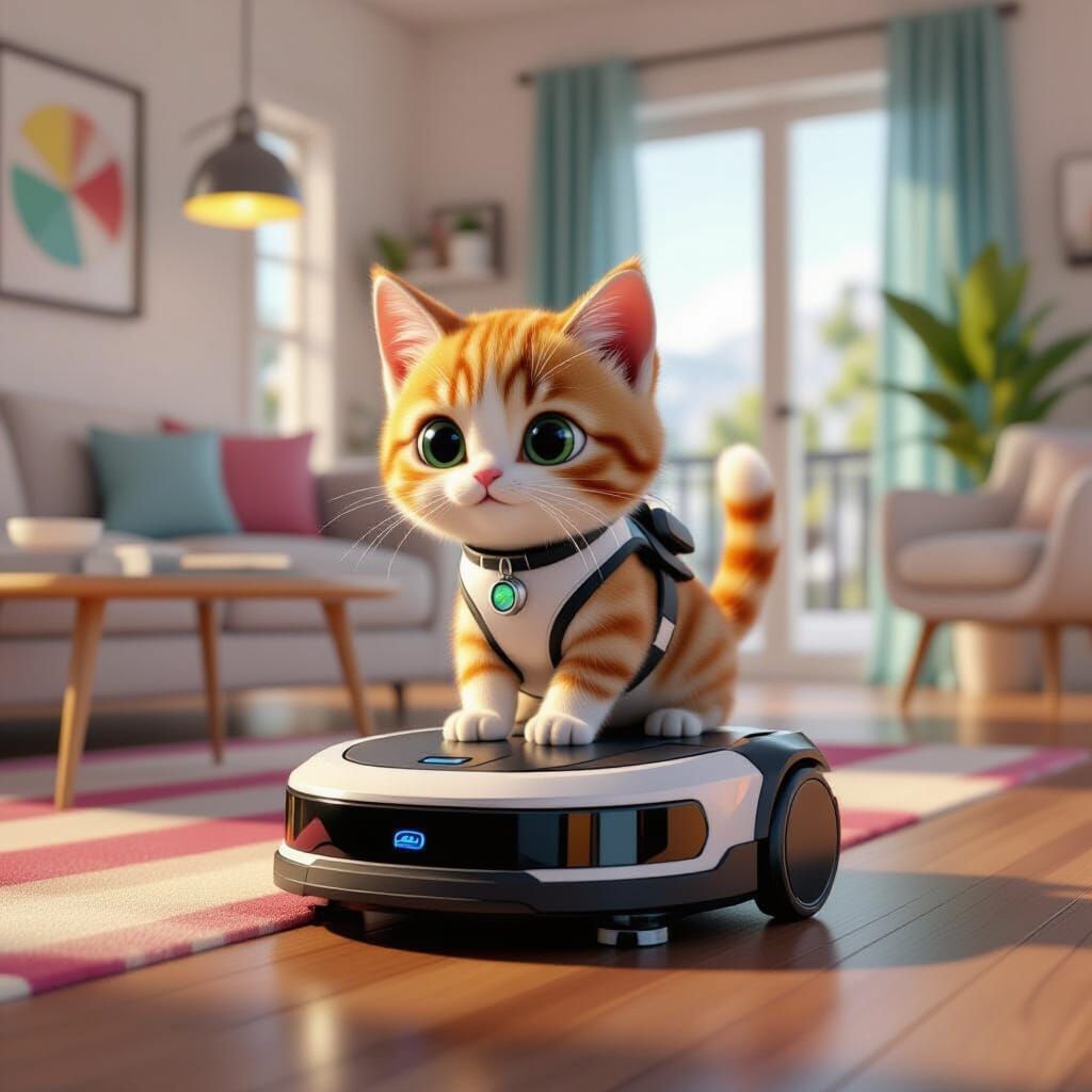 Tabby Cat Rides Robot Vacuum in Pixar Style 3D Art