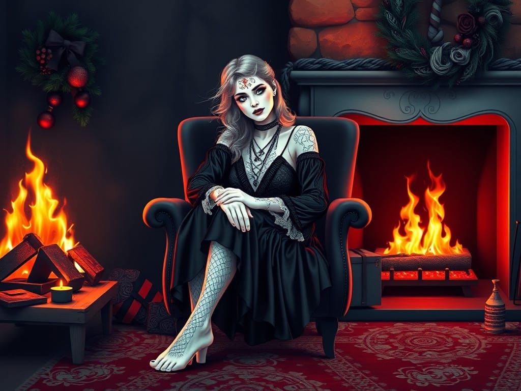 Surreal Goth Goddess Illuminated by Christmas Firelight
