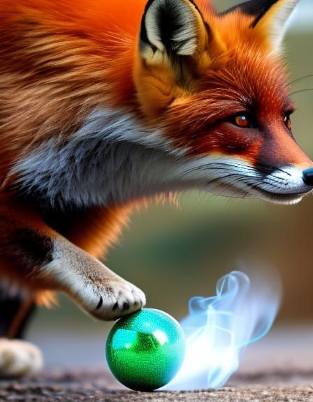 fox playing with smoking gemstone ball