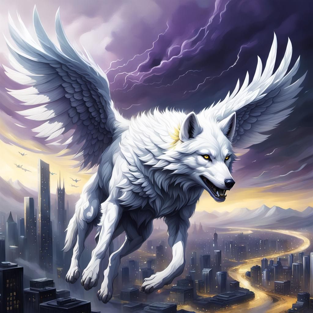 Winged White Wolf Soaring Over Cityscape: Dark Fantasy Art