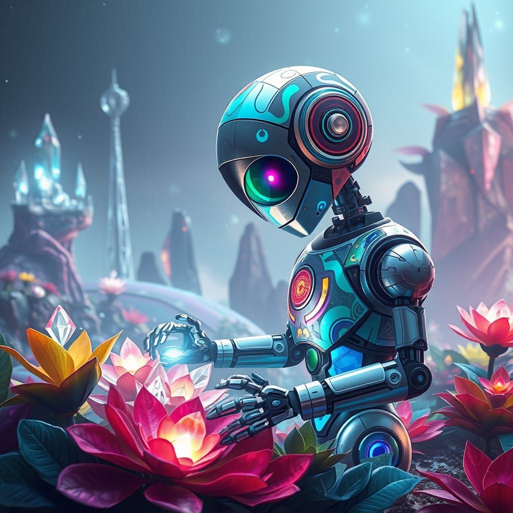 Whimsical Robot Tends Luminous Alien Garden in Vibrant Cubis...