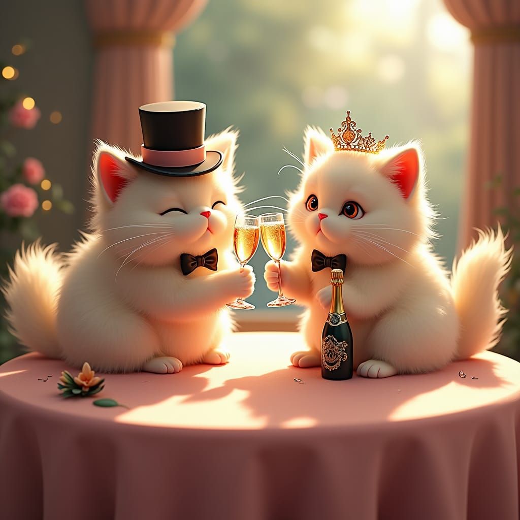 Cats Toasting Champagne in Art Nouveau Style