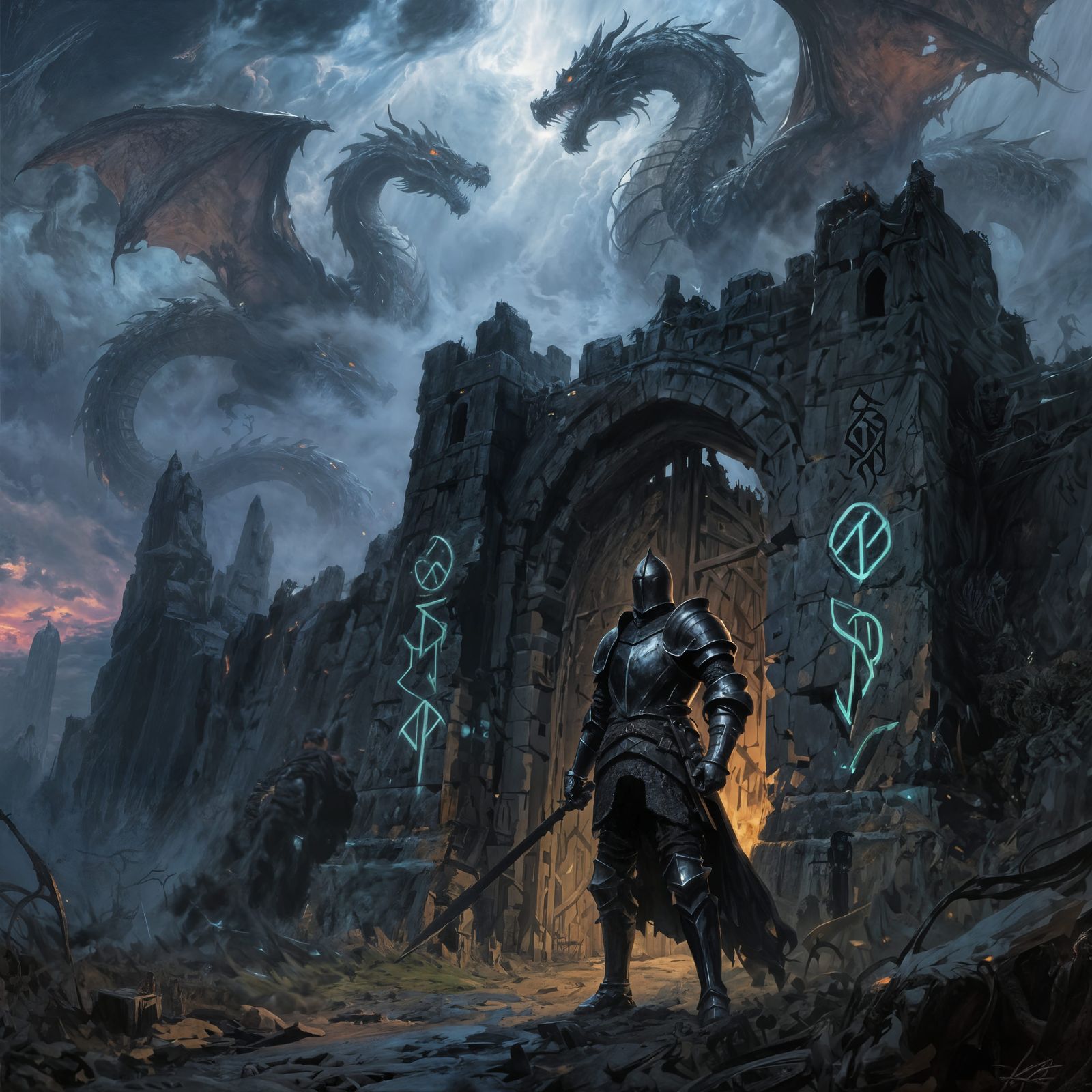 Knight in Obsidian Armor Guards Ruined Fortress Gate