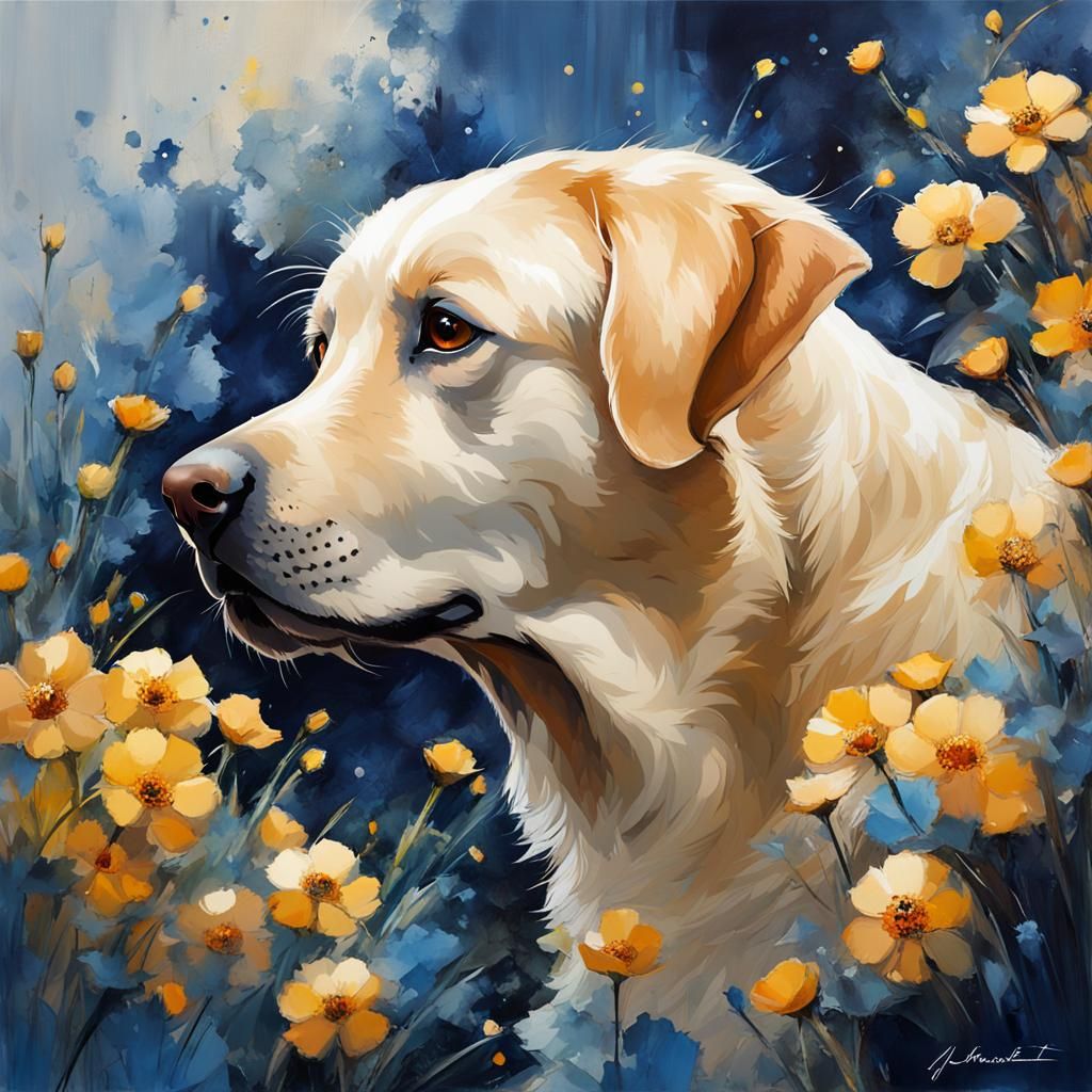 Smiling Yellow Lab in Floral Oil Painting