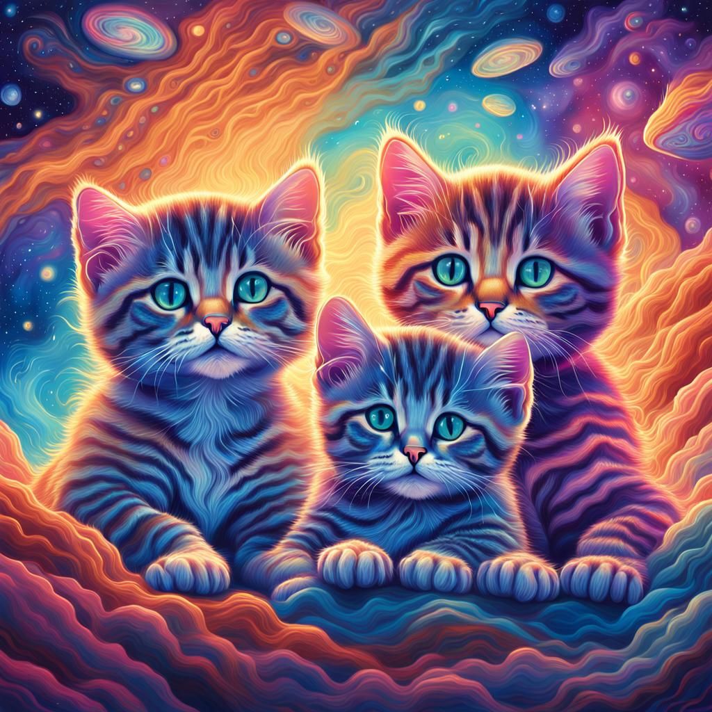 Tabby Kittens in Cosmic Dreamscape: Psychedelic Astral Art