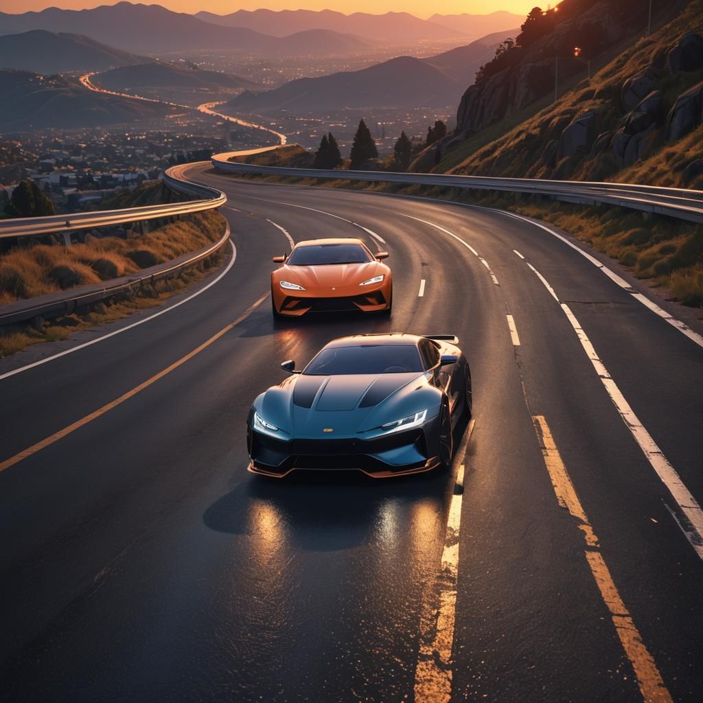 Sleek Sports Car on Winding Road in 3D