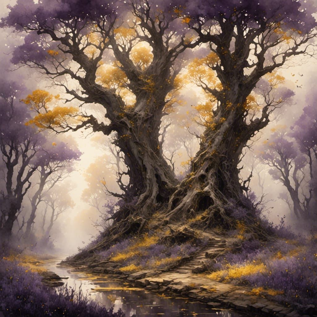 Fairyland Glimpse Between Oak Trees in Antique Watercolor