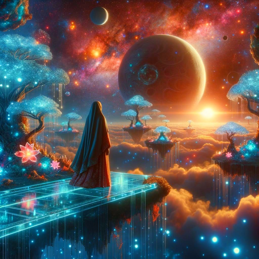 Surreal Celestial Garden in Space with Bioluminescent Flora