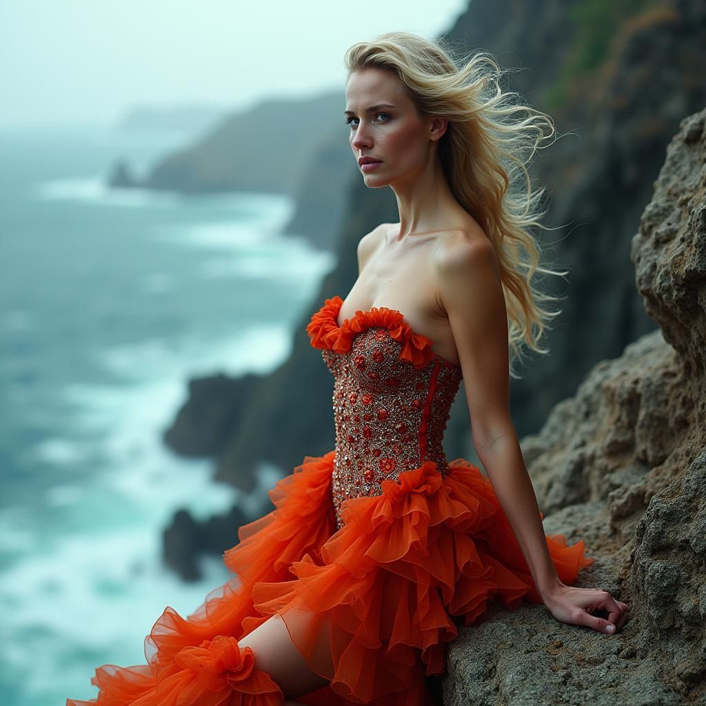 Nicole Kidman in High Fashion Swimsuit on Rocky Cliff