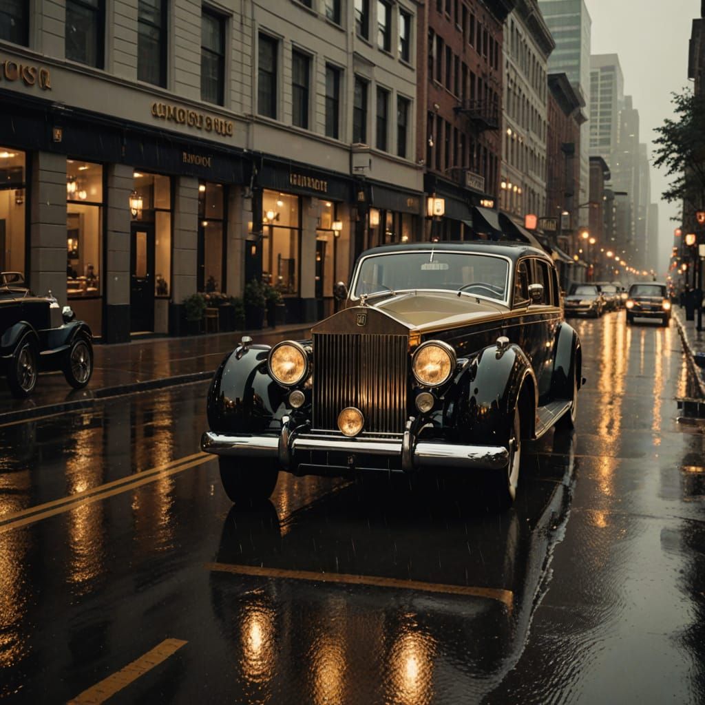Vintage Rolls-Royce on Rainy City Street