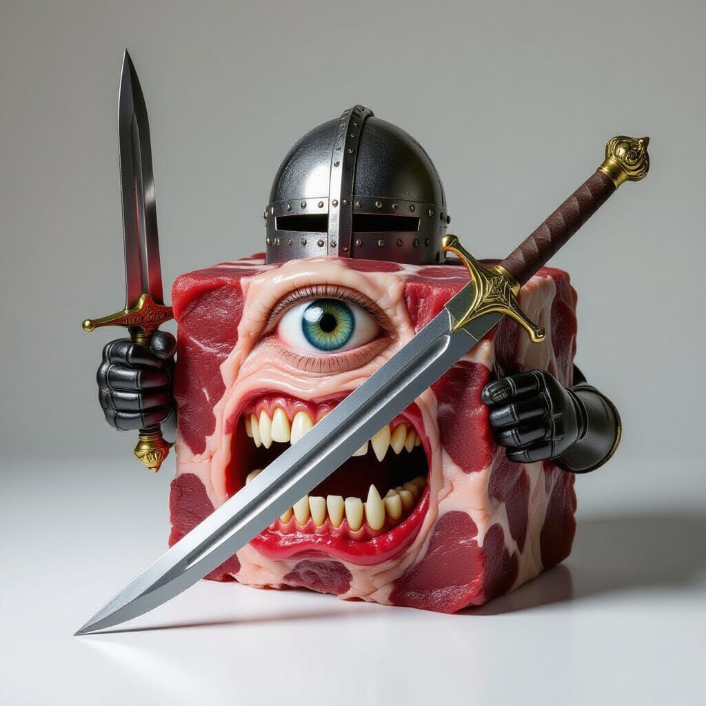 Hyperrealistic Meat Cube Creature with Eye and Sword