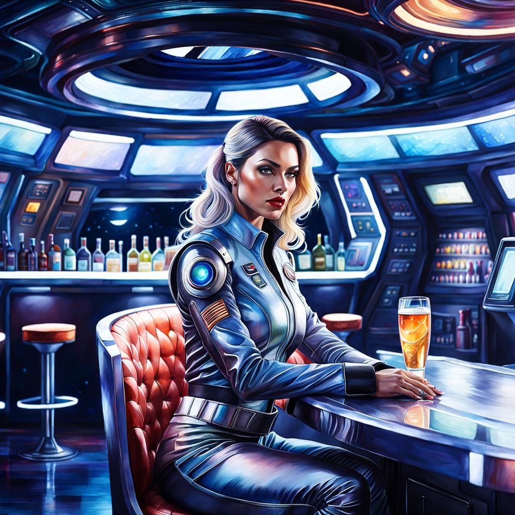 Futuristic Woman at Spaceship Bar in Watercolor