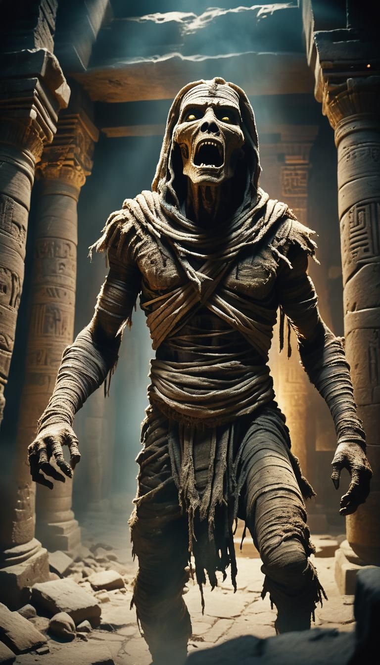 Mummy Monster Roars in Ruined Temple