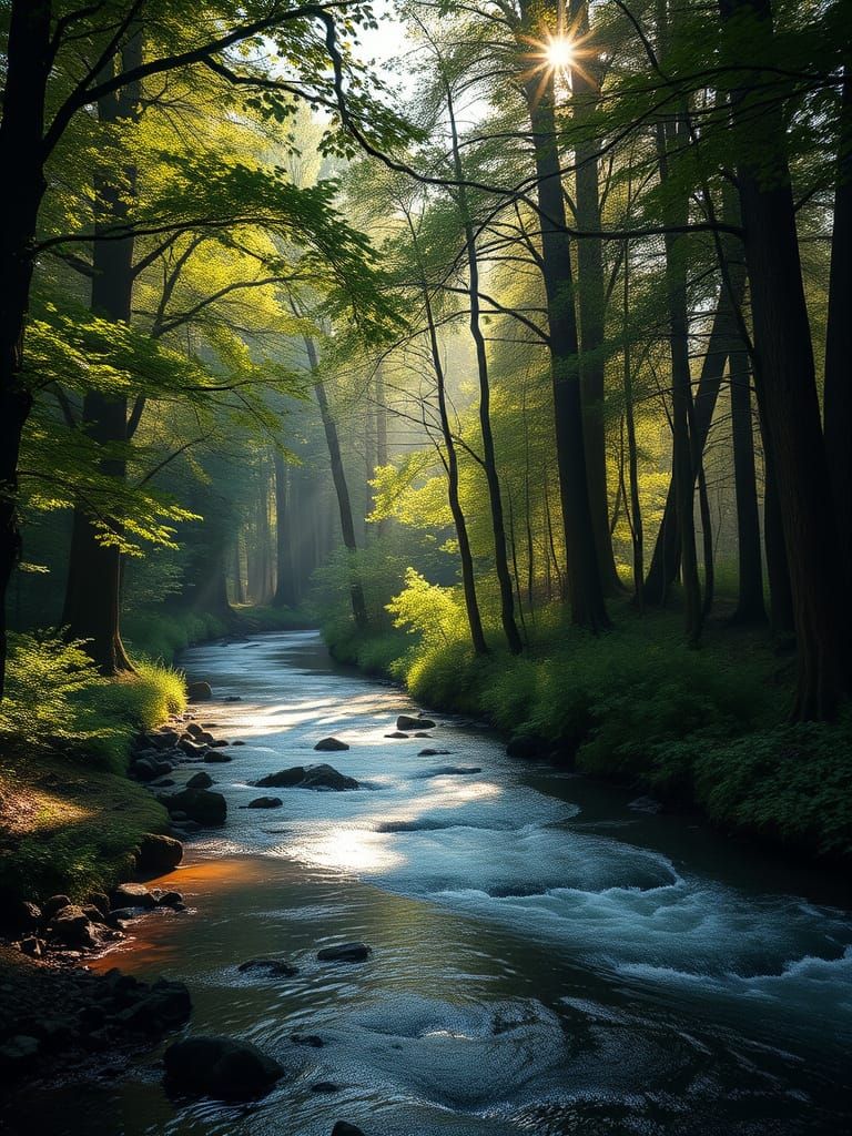 Peaceful Forest River with Dappled Sunlight
