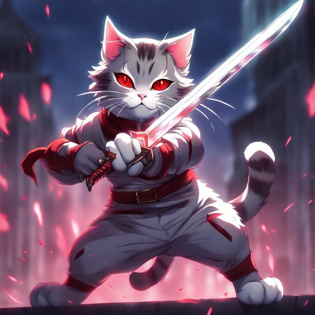 Tabby Cat with Glowing Sword in Anime Style