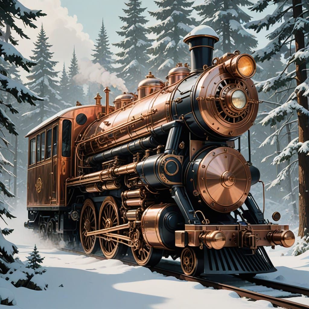 Glowing Steampunk Engine Amidst Frosty Wonderlands