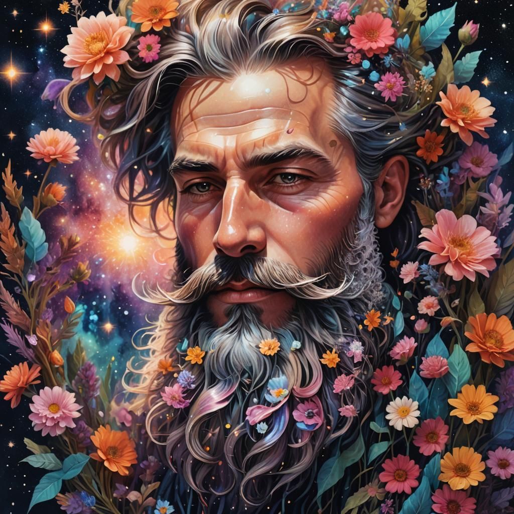Surreal Floral Beard in Dreamy Astral Realm