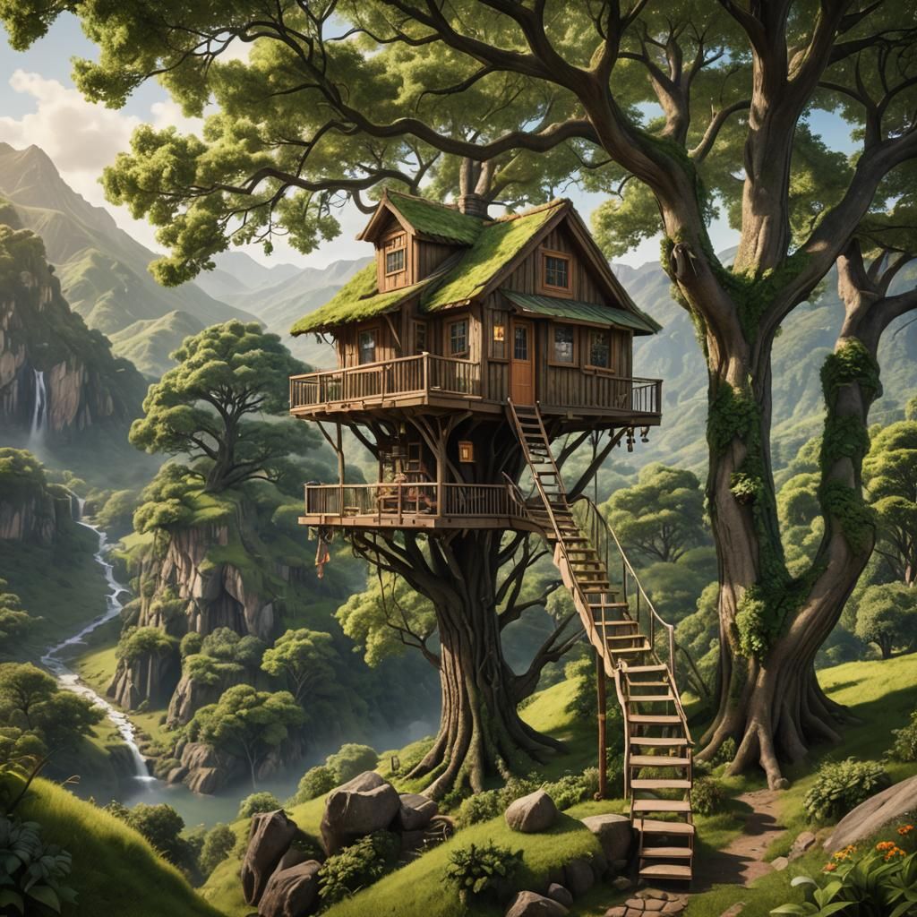 Rustic Tiny House in Oak Tree, Matte Painting