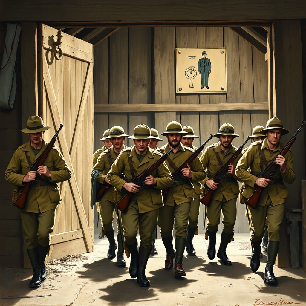 British Soldiers March Out of Rustic Shed in Boer War Era