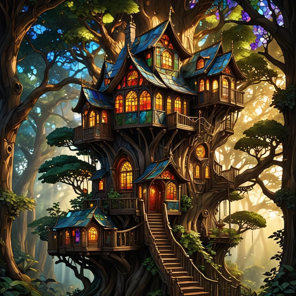 Stained Glass Tree House in Magical Lighting