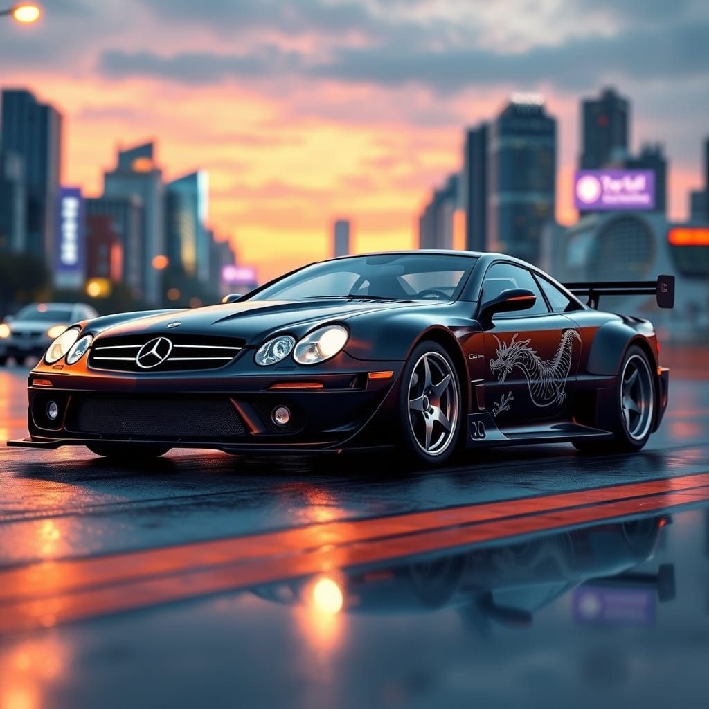 Sleek Matte Black Mercedes-Benz Speedster with Neon Cityscap...