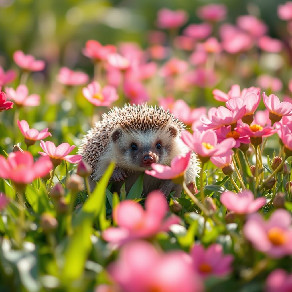 Vibrant Hedgehog in Whimsical Pink Floral Landscape