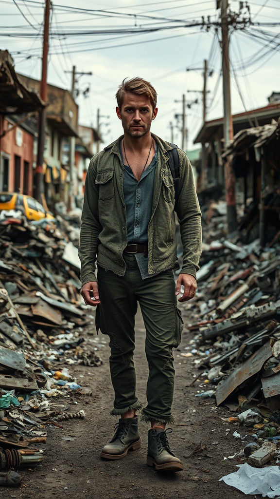 Dystopian Man in Garbage Community: Cinematic Photography