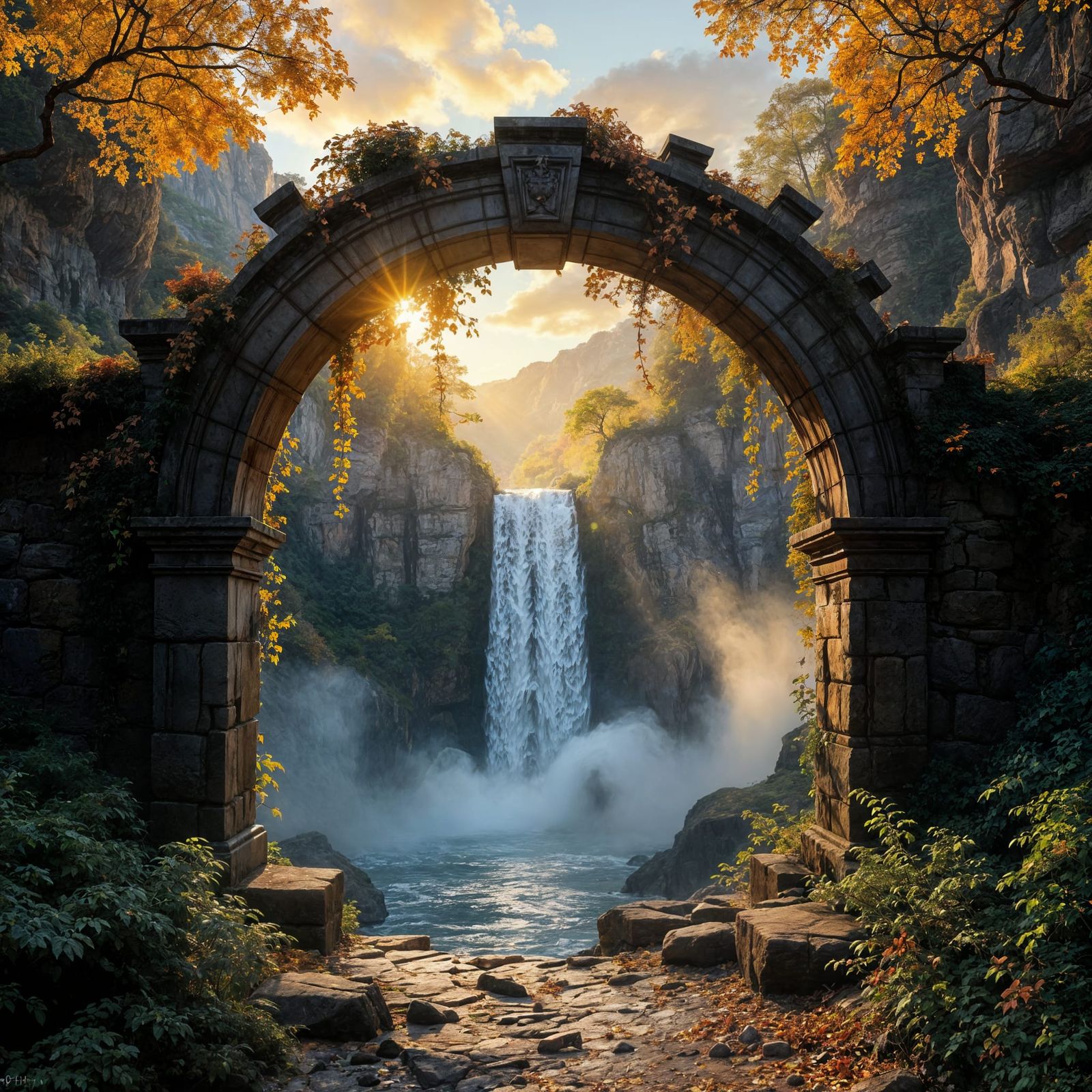 Ancient Archway Overlooking Waterfall at Sunset