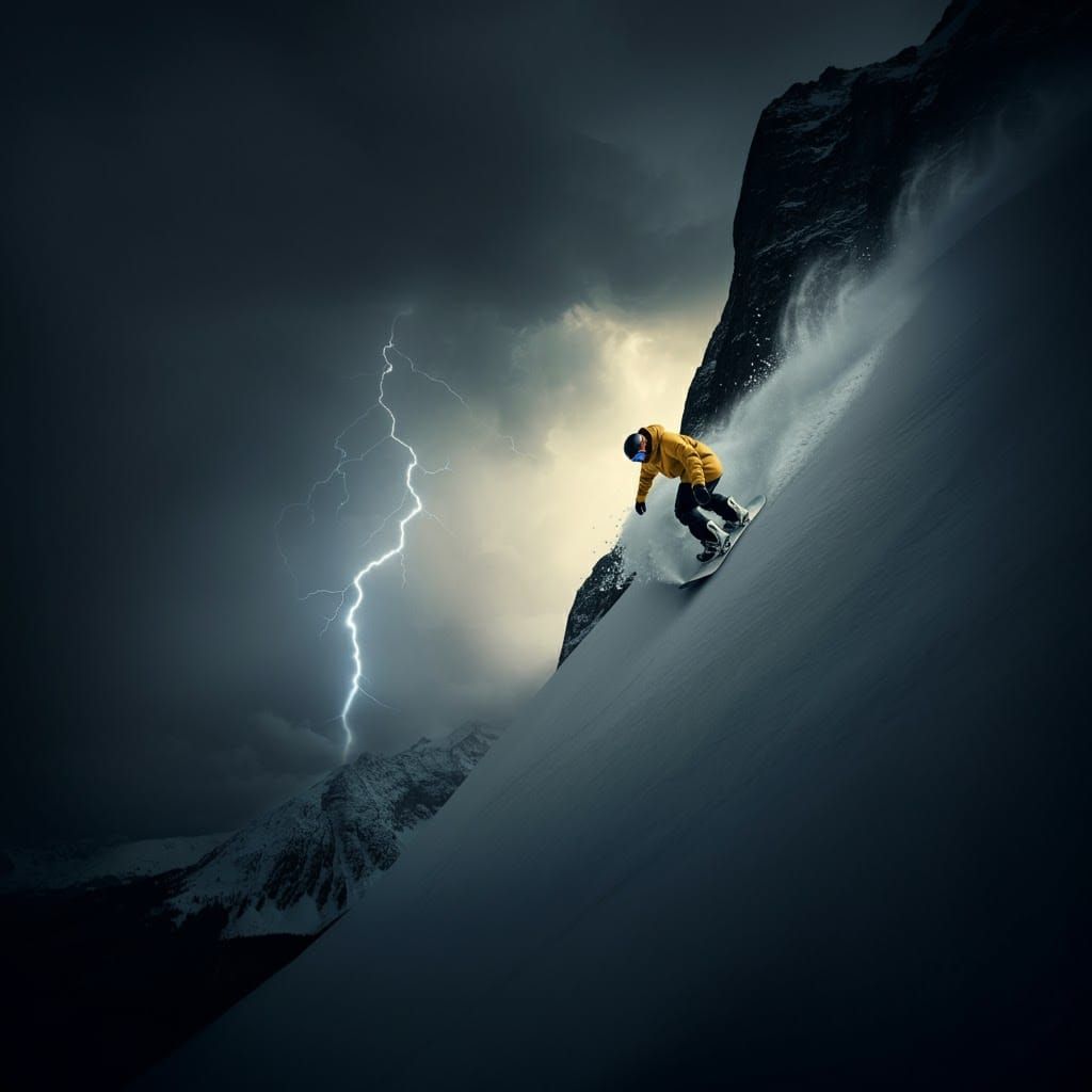 Snowboarder in Lightning Storm: Cinematic Mountain Descent