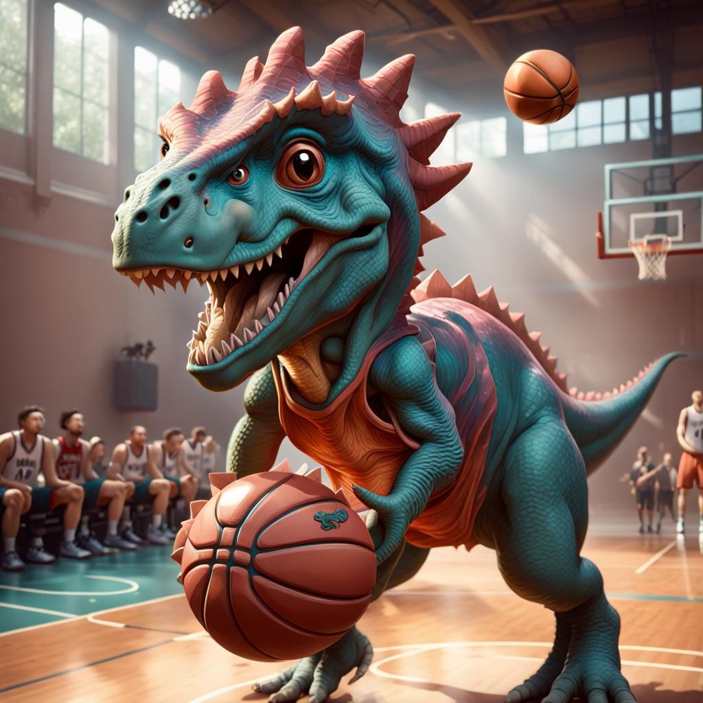 Cute Dinosaur Plays Basketball: Digital Art Portrait