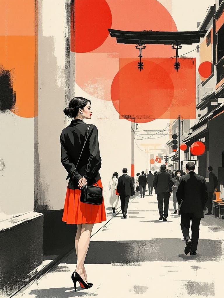 Pin-Up Woman in Pleated Skirt, Geometric Ink Style