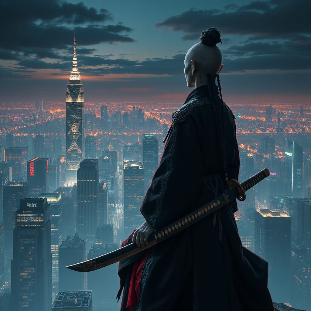 Cyberpunk Samurai Elf Meditating on Skyscraper