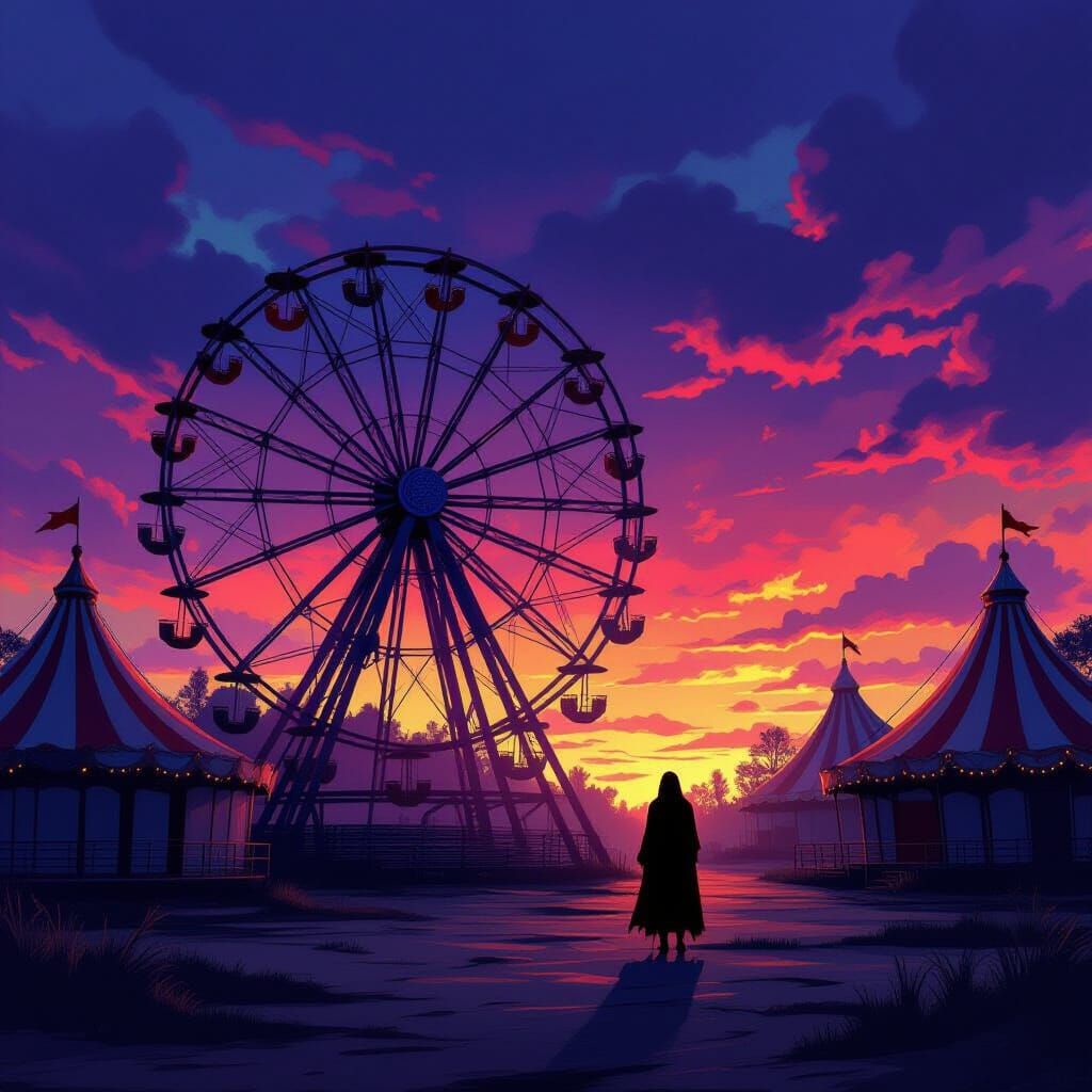 Abandoned Carnival at Twilight with Spectral Figure