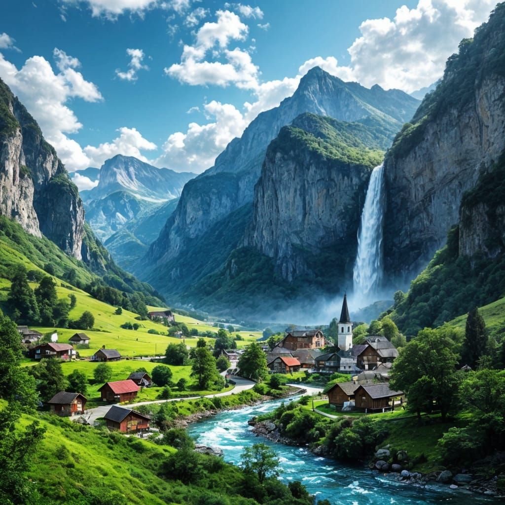 Picturesque Alpine Village With Waterfall and Mountains