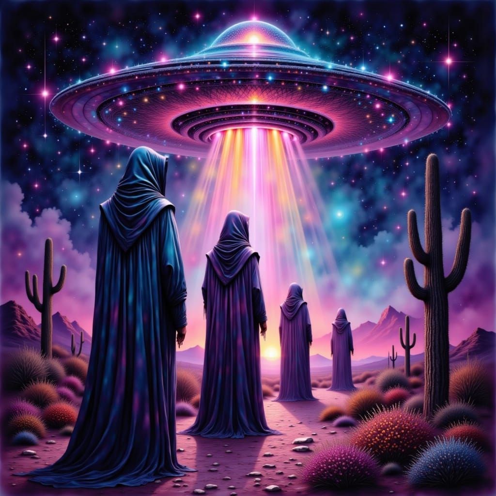 Cultists Approach UFO in Prismatic Kirlian Photo Style