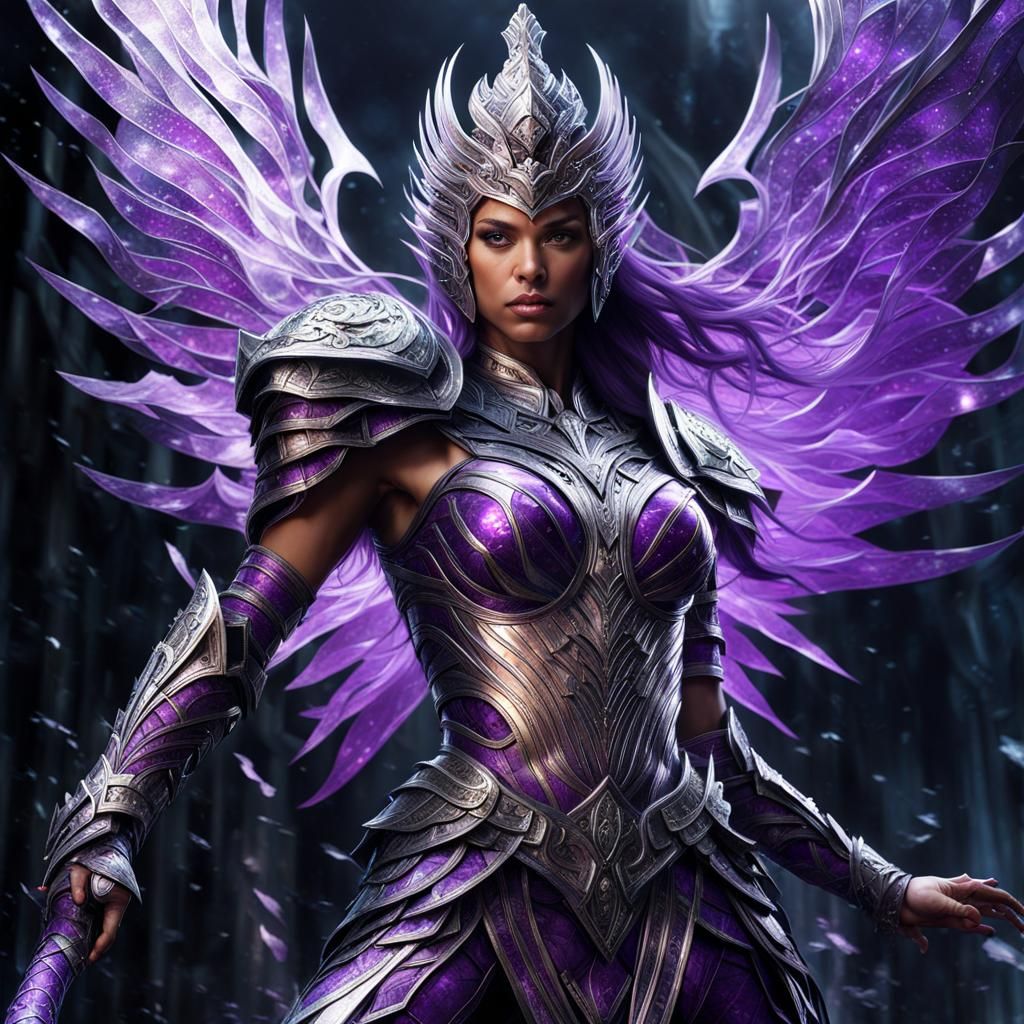 Goddess in Armor Runs Through Shattered Glass: Digital Art