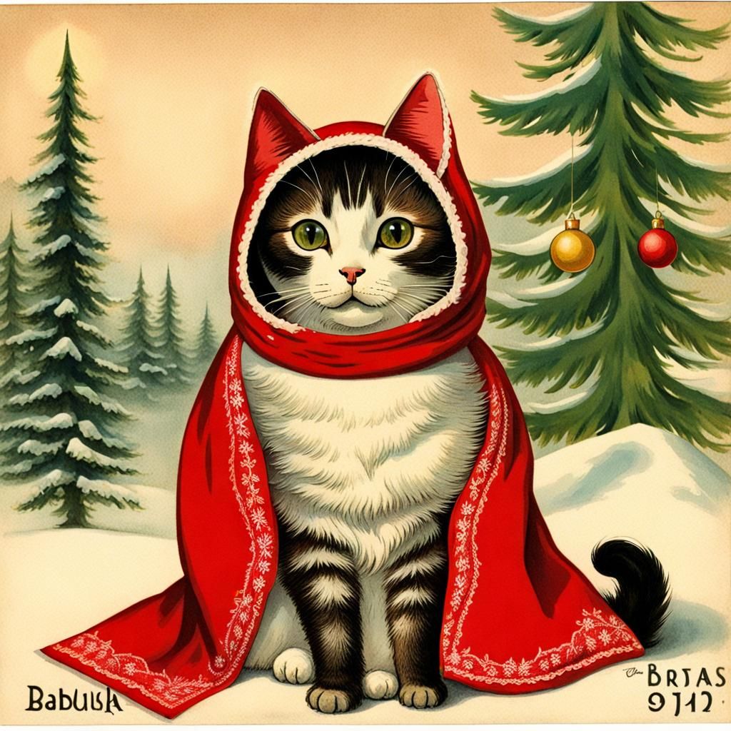 Babushka Cat Christmas Vintage Postcard Style