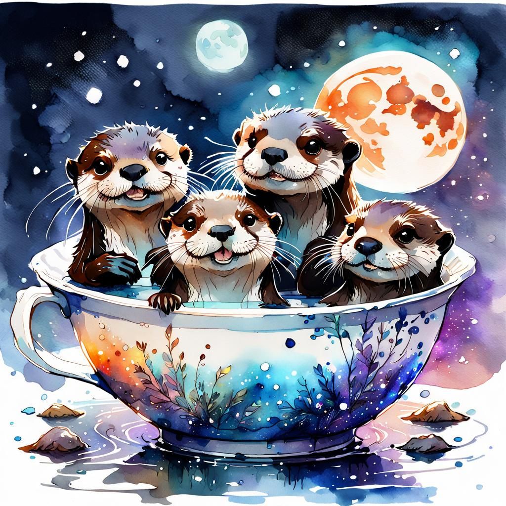 Cute Otters' Teacup Bath in Watercolor Cosmos